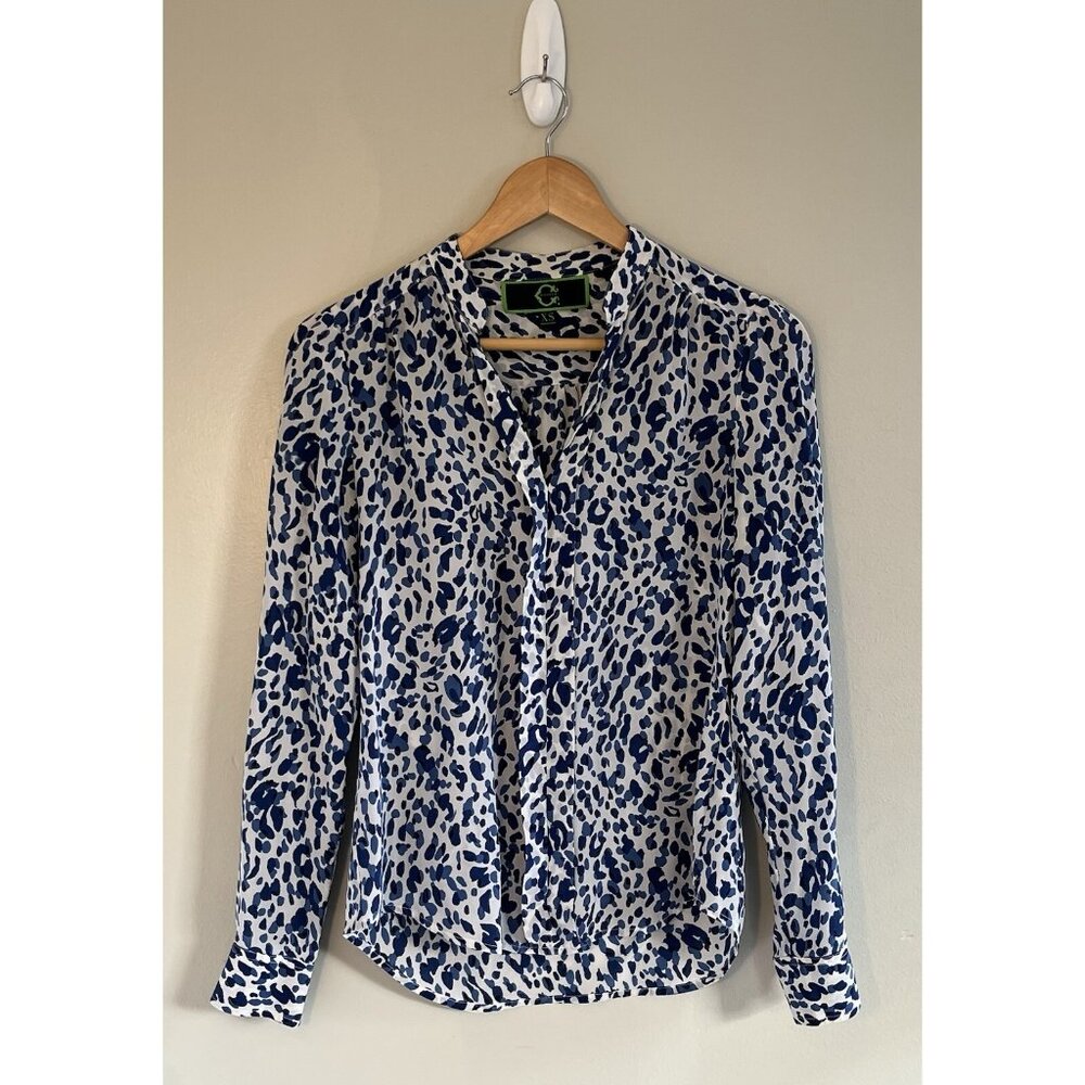 C Wonder Silk Shirt‎ XS Blue And White Cheetah Print Button Cuff